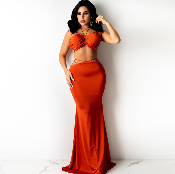 DA 4307b Strappy Halter Top Hip-length Skirt Suit