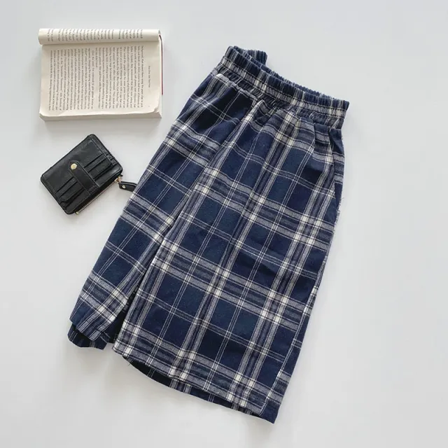 Casual Wild New Design Sense Niche Fashion Literary Plaid High Waist Wide Leg Pants Women Dark Blue Checkered - Shop at LoveMi
