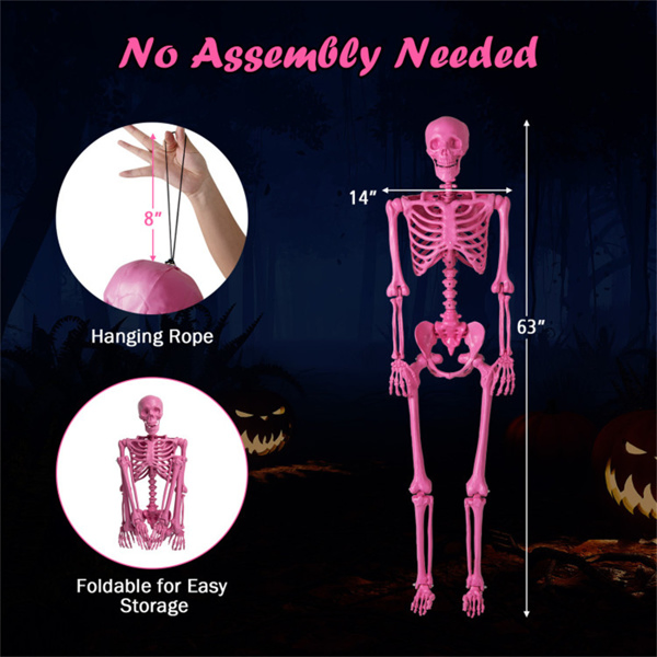 5.5 FT Pink Halloween Skeleton Decor  - No Assembly Needed, Integrated Hanging Rope, Playful-Spooky Vibe for Parties/Yards-17