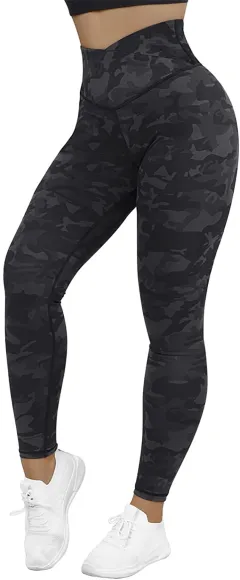 Cross Waist Hips Print Solid Color High Waist Bottoming Yoga Pants - Camouflage - View 1