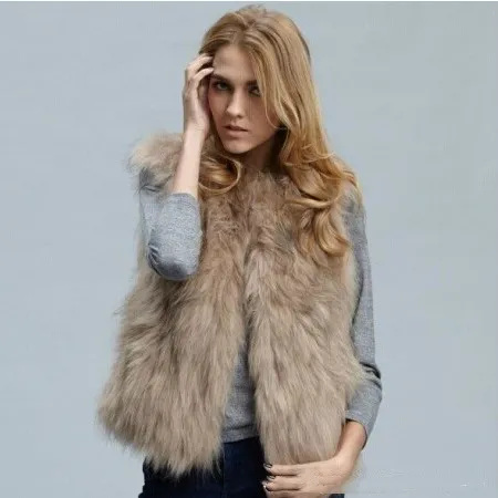 Faux Fox Fur Ladies Short Vest Jacket - Khaki