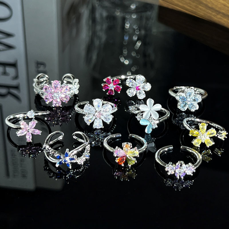 Blossom Cottage Sweet Colorful Zircon Flower Exquisite Open Ring, Hot Sale Luxury High-end Versatile Finger Ring For Women