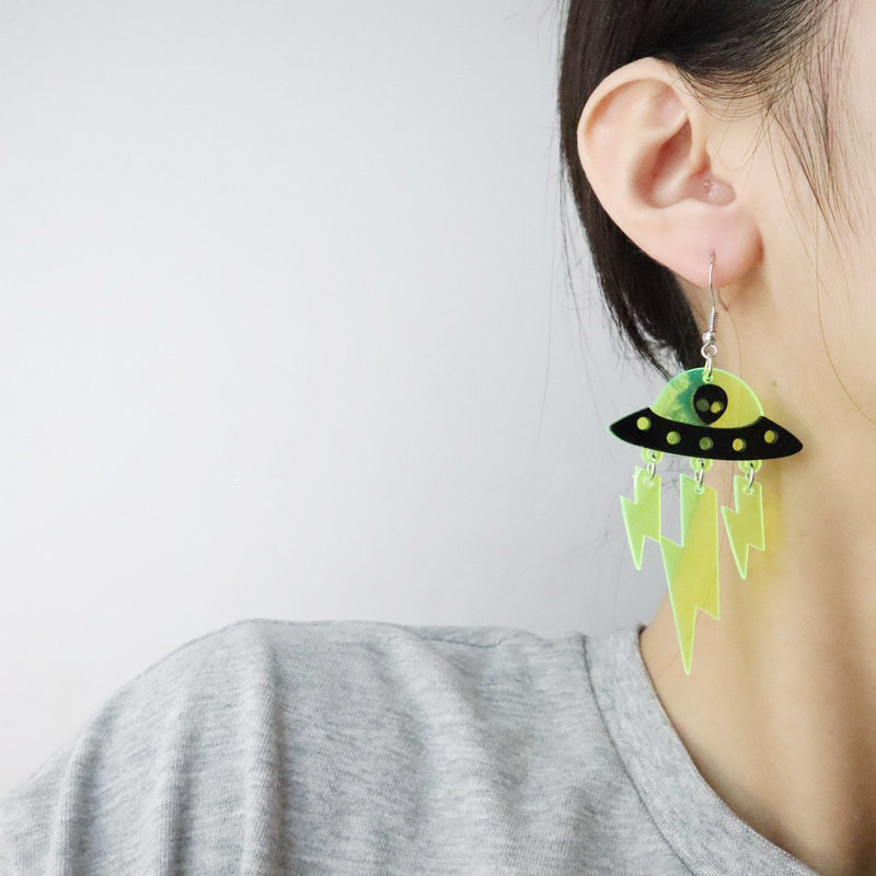 Halloween Ufo Funny Alien Fluorescent Acrylic Lightning Earrings