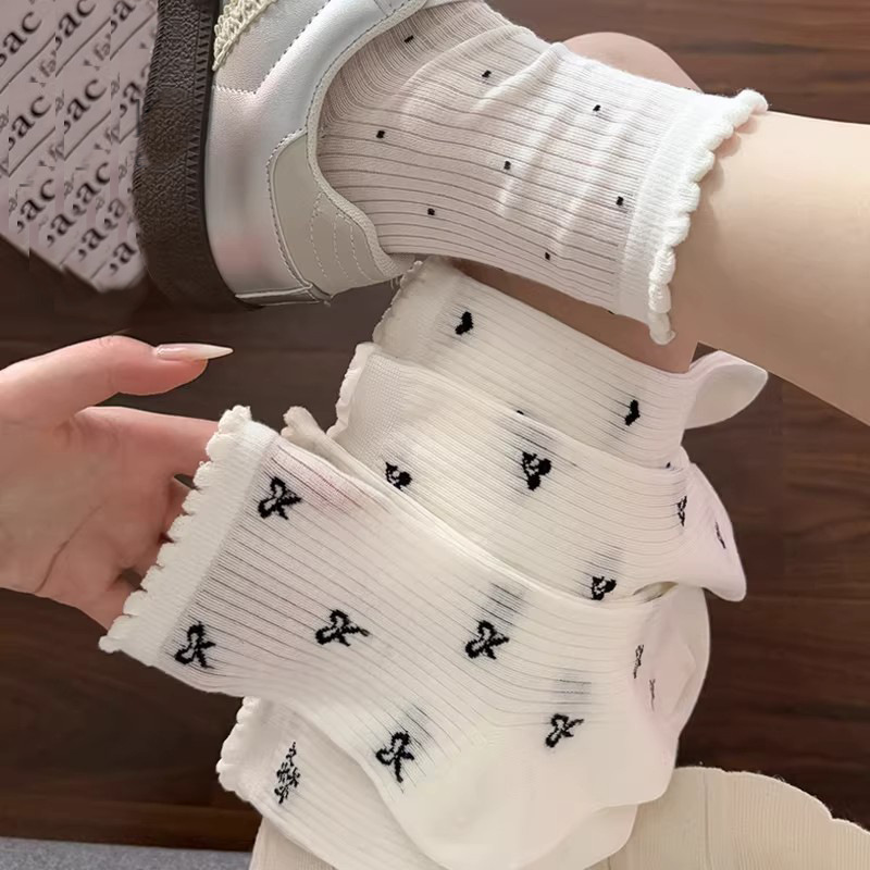 Breathable Cotton Mesh Bow Lace Socks for Summer, White