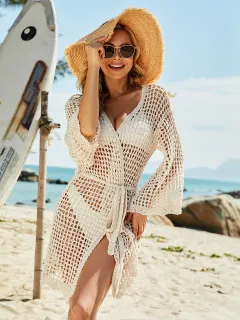 Cutout Beach Vacation Knit Blouse Crochet Floral - Apricot - View 1