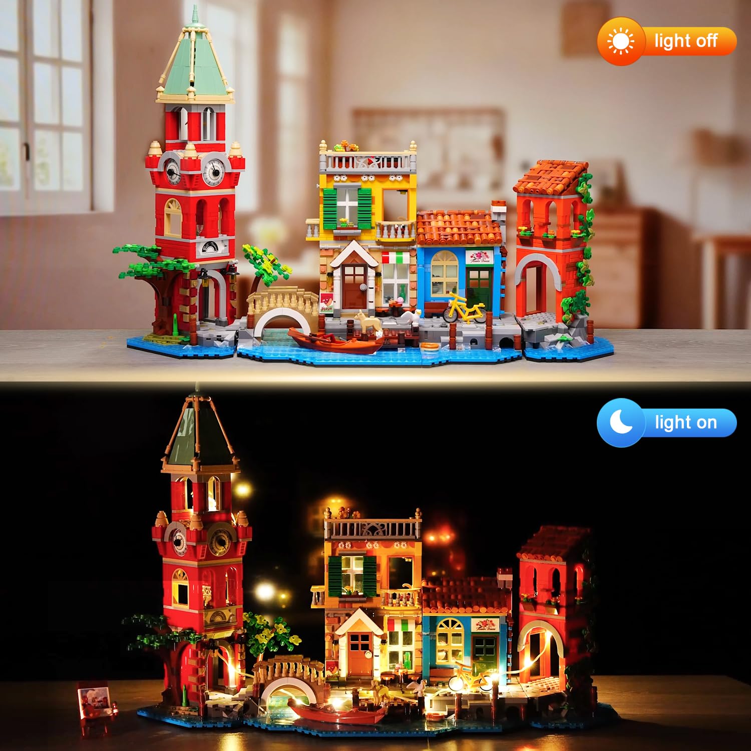 Venice Main Street Building Set For Adults, 2155 PCS City House Building Block Kit With Light Flower Shop Pizzeria, Christmas Home Decor Architecture Model Gift For Women Men Teen Girl