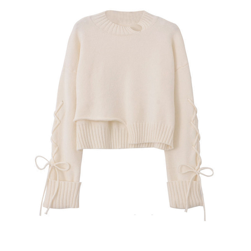 Tie Sweater Women's Design Irregular Slouchy Torn Apricot - Shop at LoveMi