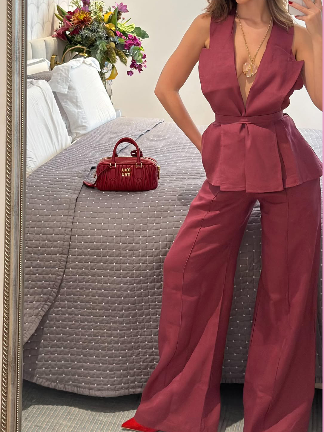 Deep V Sleeveless Top Cotton And Linen High Waist Pants Suit Claret Xl - Shop at LoveMi