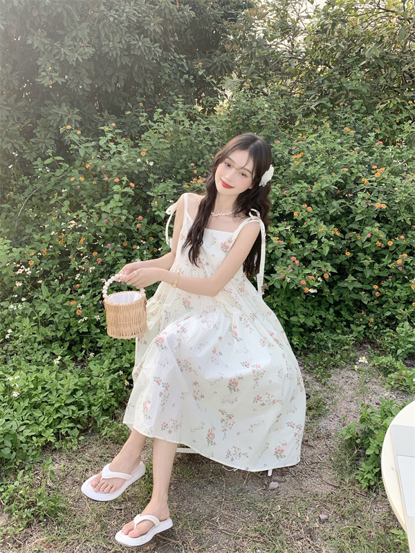 Floral Suspender Front And Back Lace-up Dress