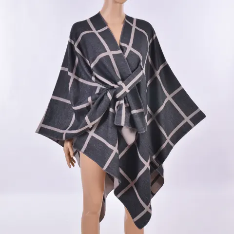 Women's Solid Color Plaid Side-Tie Cape Poncho