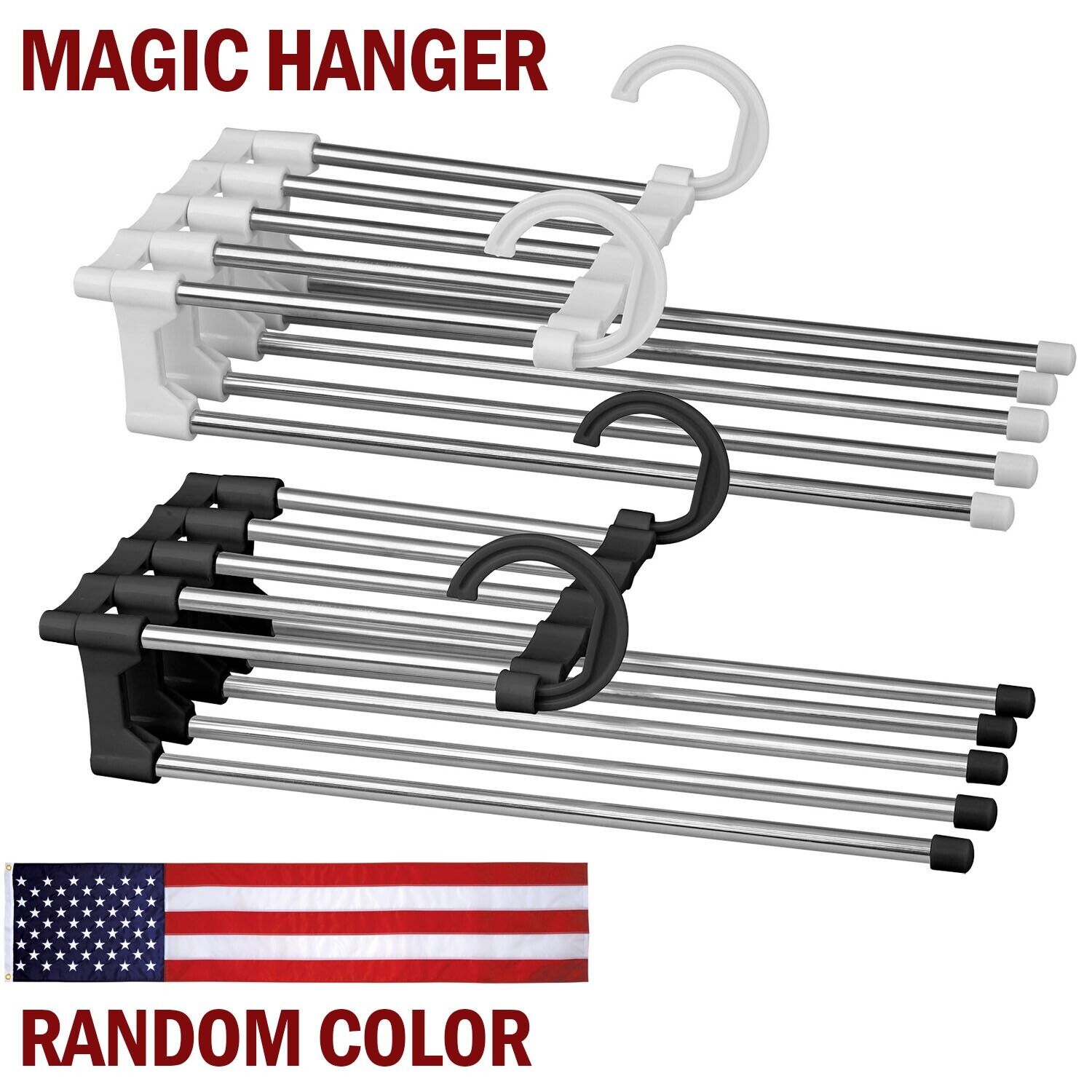 Magic Metal Hanger Closet Space Saver Organizer shipping inside the US USPS First Class Package handling 2 Day Handling 2-5 Day Shipping 5 in1 Multi-functional Pants Rack Shelves Stainless Steel Wardrobe Magic Hanger by KT Deals RANDOM COLOR WHITE/BLACK S