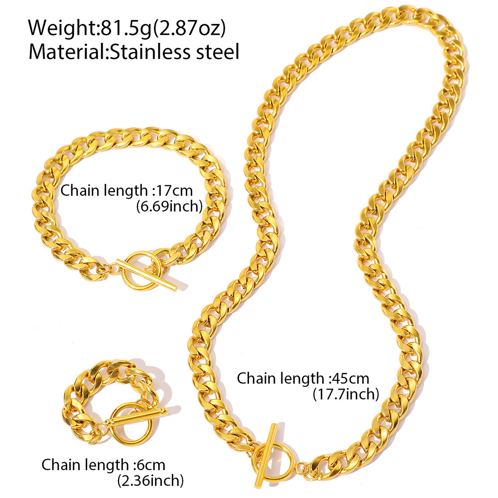 3Pcs Unisex Chunky Curb Cuban Chain Jewelry Set Toggle OT Clasp Necklace Bracelet Set Gold Silver Tone Stainless Steel Hip Hop Street Fashion Jewelry Gift