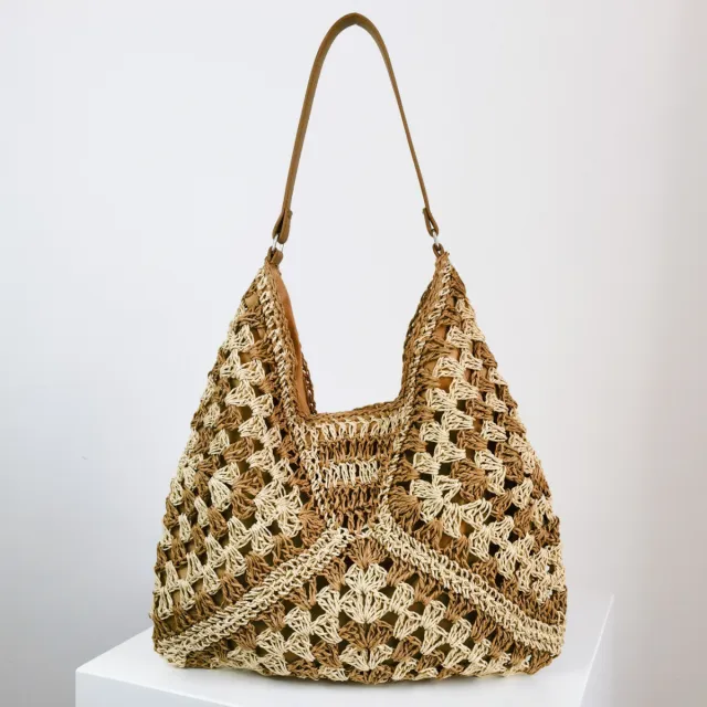 Women's Fashion Handmade Straw Woven Hollow Contrast Color Weave Shoulder Bag Beige - Shop at LoveMi