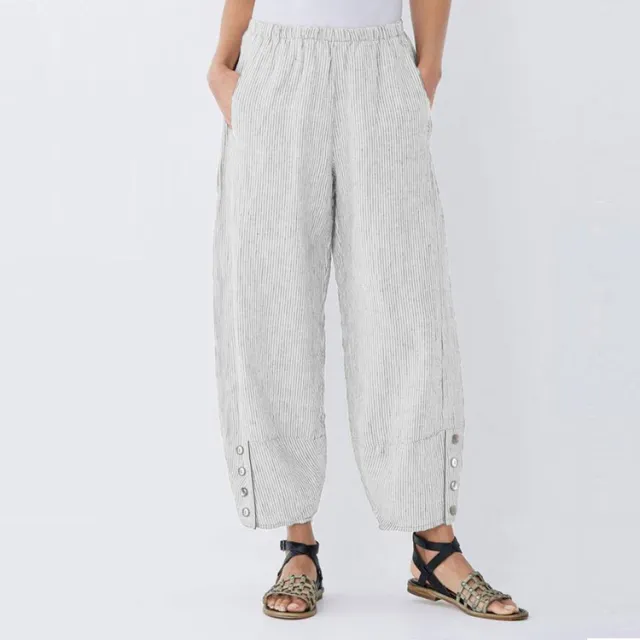 New Pinstripe Button Pocket Elastic Waist Casual Pants White - Shop at LoveMi