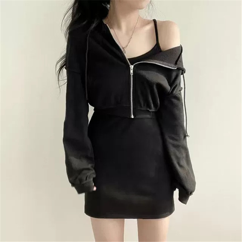 Women Solid Set High Waist Slim Mini Dress Hooded Zipper Short Long Sleeve Sweater Cardigan Suit