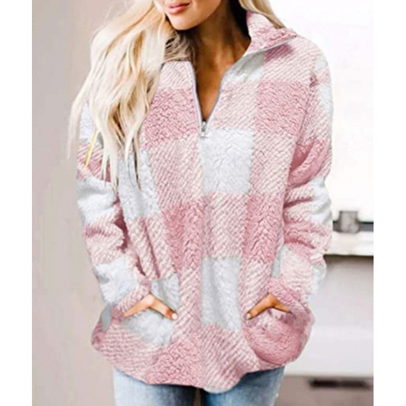 Stand collar contrast Plaid oversized Plush coat