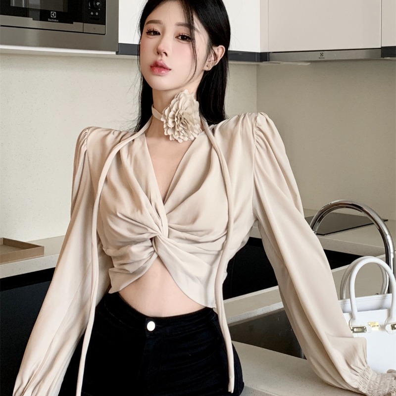 Women's Short Lace-up Kink Puff Sleeve Shirt Top