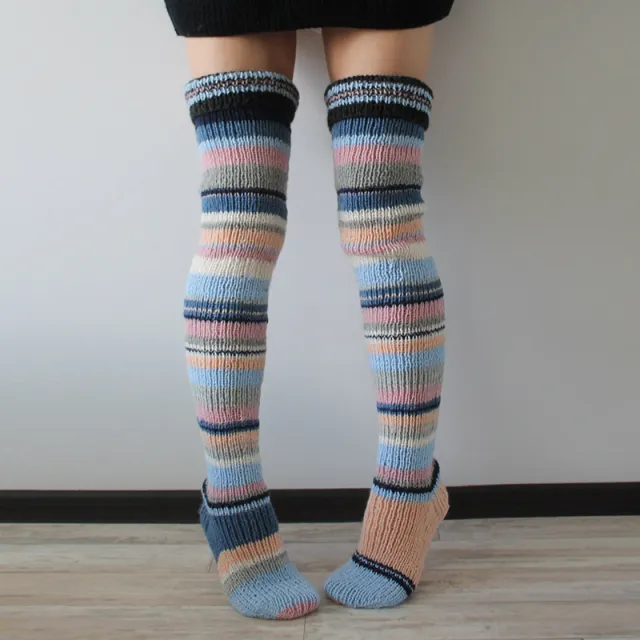 Fashion Y2K Striped Long Knee high Knitted Pile Of Socks For Women Striped Pink - Shop at LoveMi