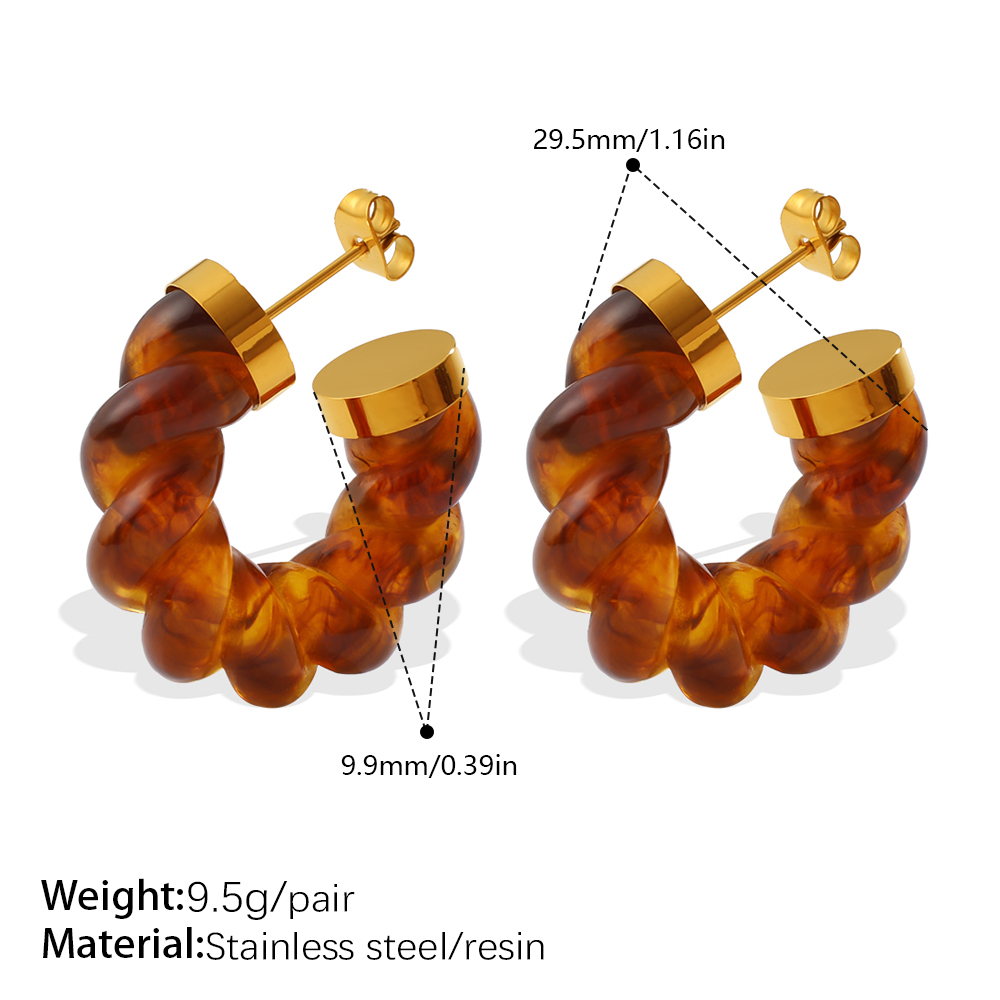 Fashionable Amber Twisted Resin Earrings For Women, Stainless Steel, Retro U-Sha