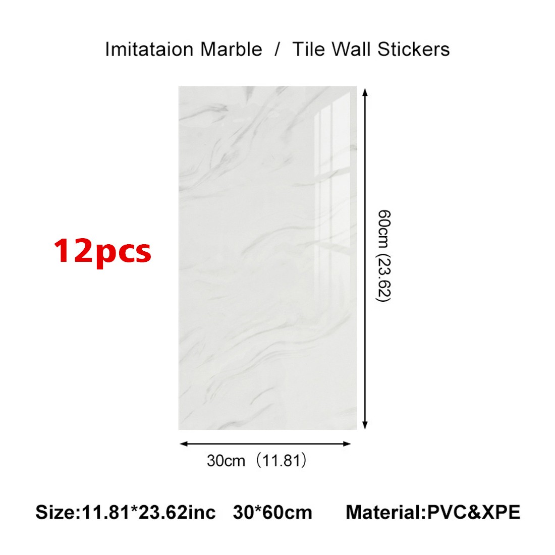 12PCS PVC Marble Tiles Wall Sticker Self-Adhesive Stick Kitchen Bathroom Decor