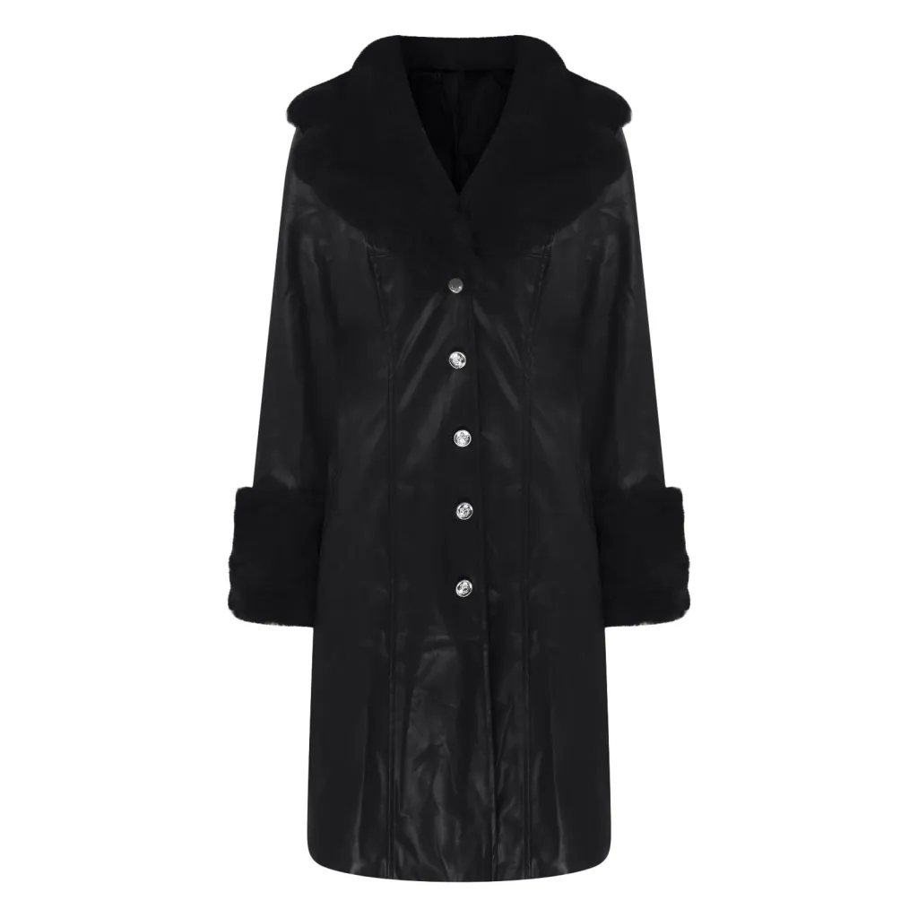 Lapel Long Coat Fur Collar Temperament Zipper Women PU Jacket - Black