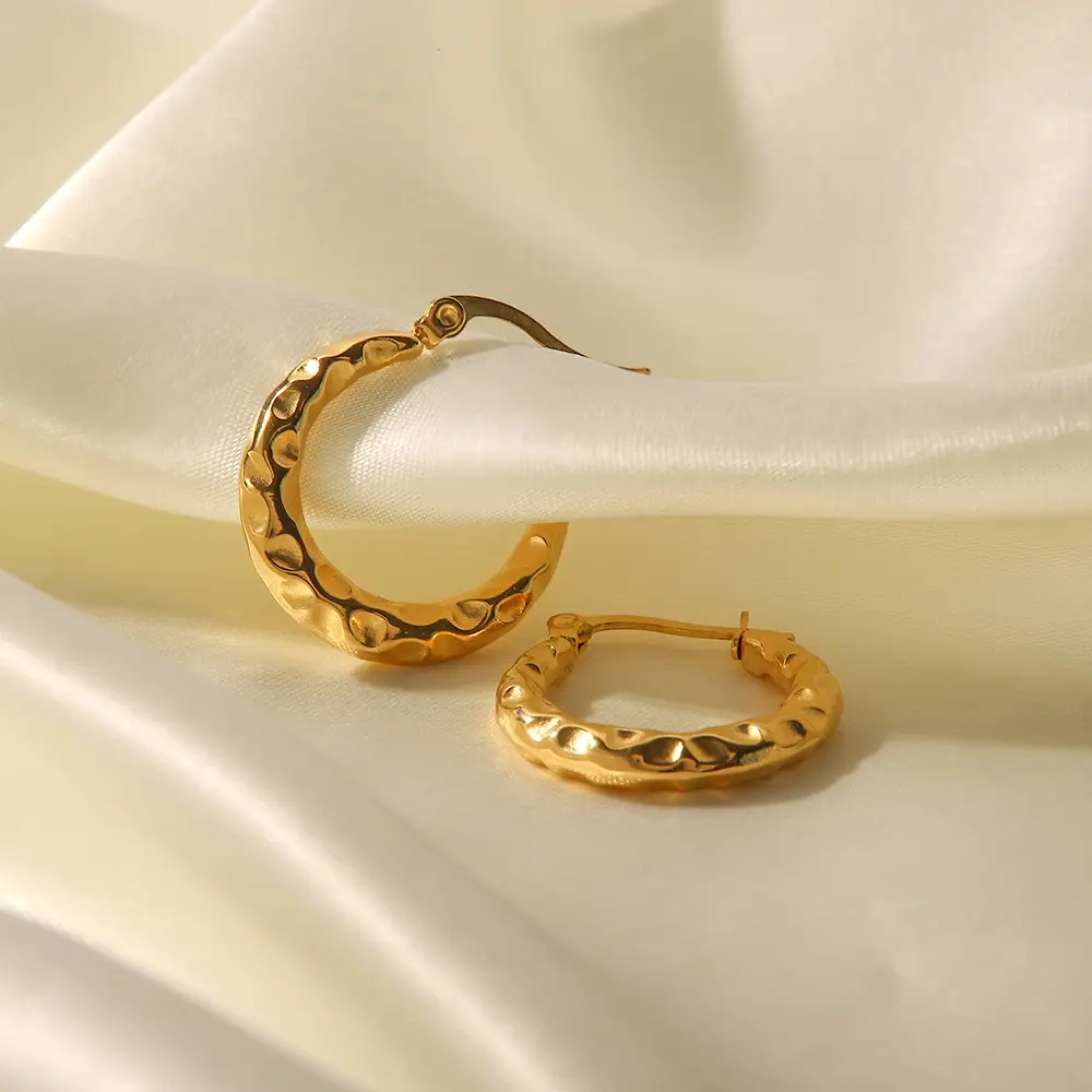 Female 18K Gold Stainless Steel Concave And Convex Ring Earrings