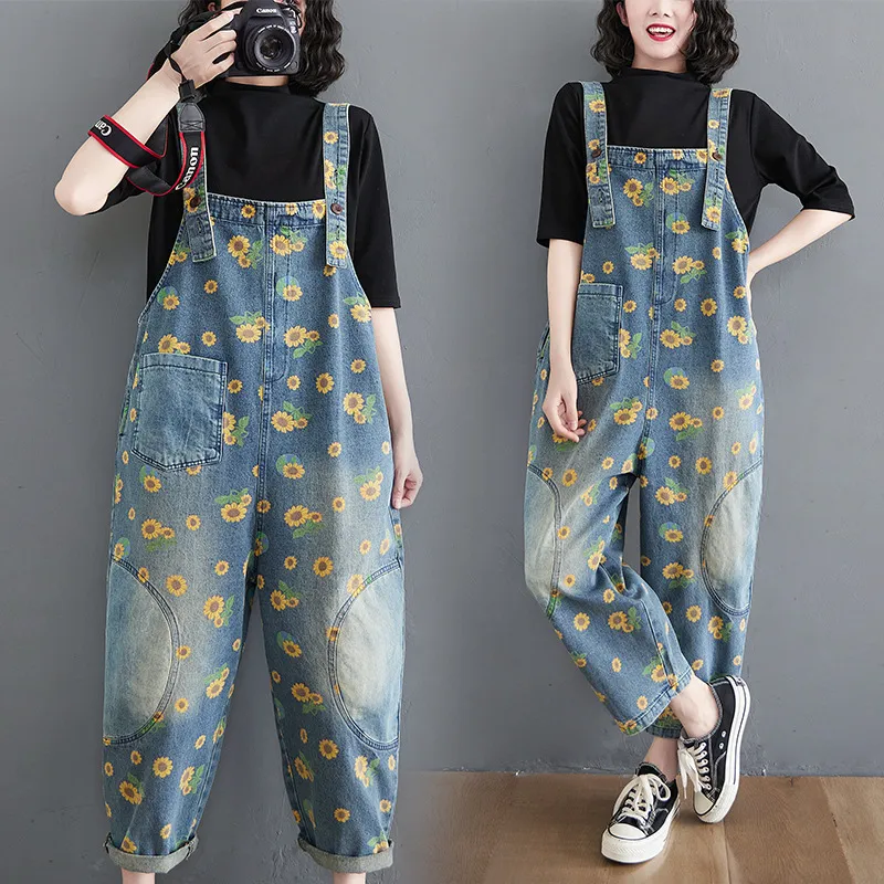 Women's Summer Retro Literary Print Denim Overalls