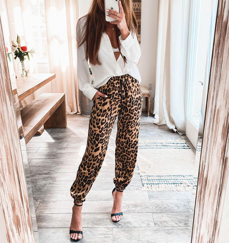 New Leopard Print Elastic Waist Casual Trousers Women Khaki - Shop at LoveMi