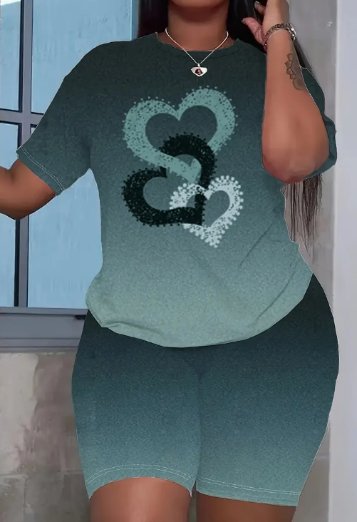 Gradient Heart-shaped Printed Short Sleeved T-shirt And Pocket Shorts Set