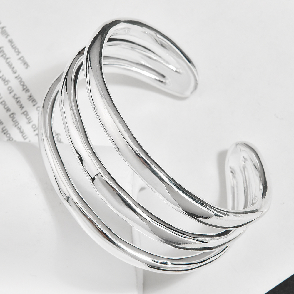 Triple Layer Spiral Open Cuff Bracelet, Polished Silver Minimal Sculptural Bangle, Quiet Luxury European Spani
