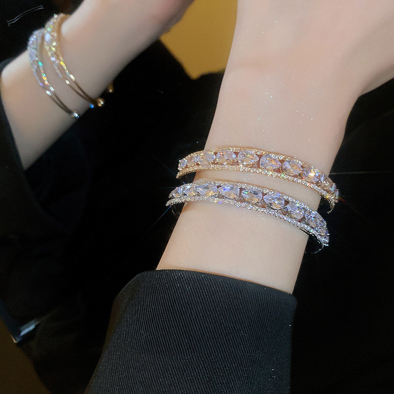 Zircon Drop-shaped Dual Layer Open-end Bracelet Graceful And Fashionable
