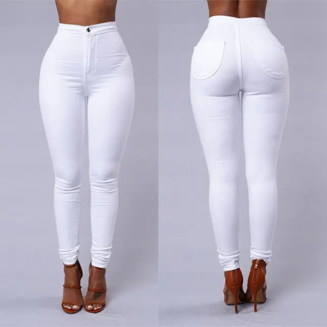 Casual Pants For Women High Waist Stretch Slim Trouser Skinny Candy Color Jeans White - Shop at LoveMi