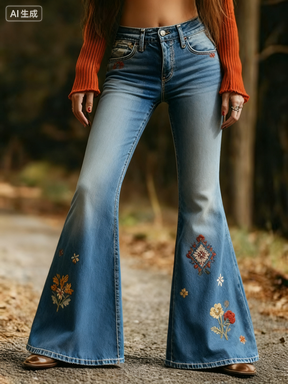 Fashion Retro Printed Flared Pants, Women's Jeans