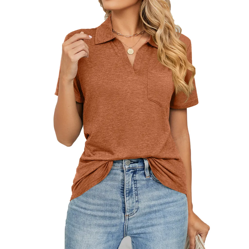 Solid Colour Short Sleeved Lapel Pocket Loose Fitting T-shirt - Caramel Colour-2Xl