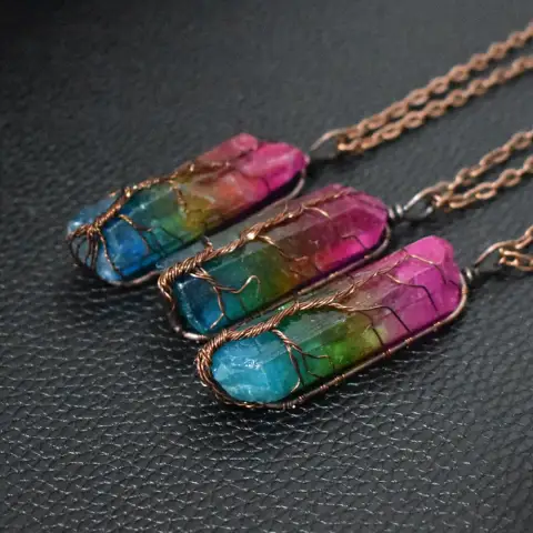 Stone Crystal Pillar Tree of Life Pendant Fashion Necklace