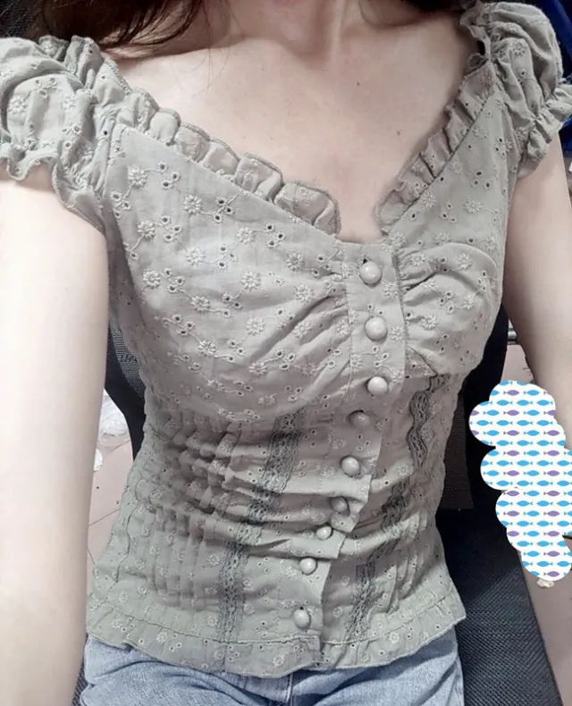 New Women's Pleated Shoulder Low Neck Button Folding Lace Tight Top Grey - Shop at LoveMi