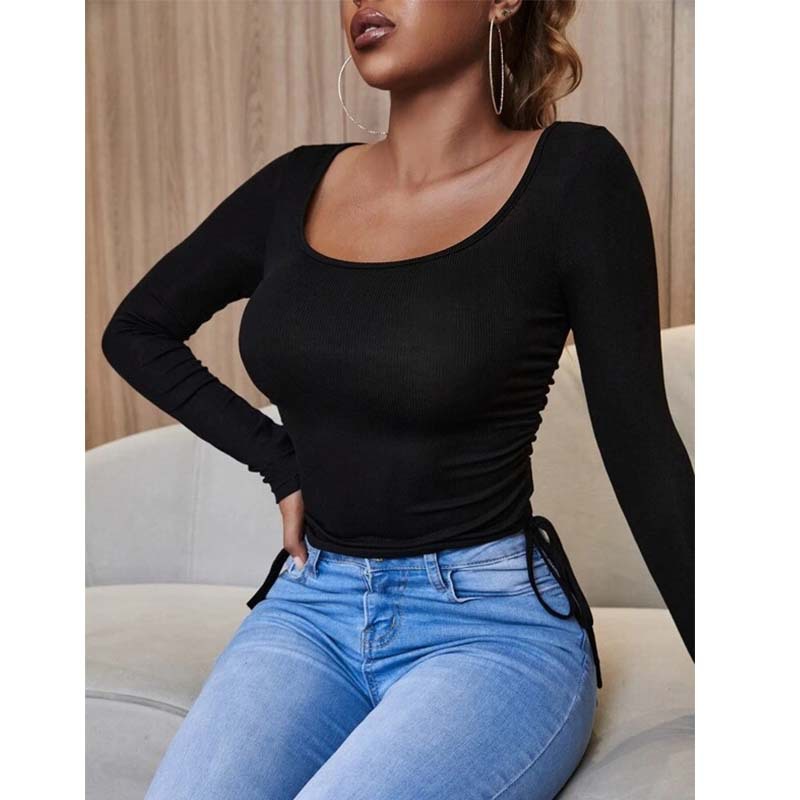 Women's Long-sleeved Ribbed Pleated Tight-fitting Bottoming Shirt