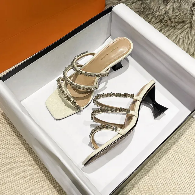 Thick Heel Sandals And Slippers With Gemstones And Rhinestones White - Shop at LoveMi