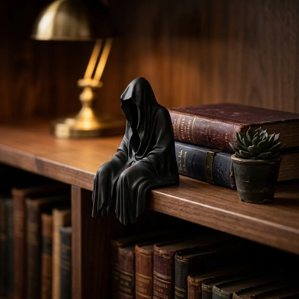 Black Hooded Shelf Sitter Figurine, Gothic Desktop