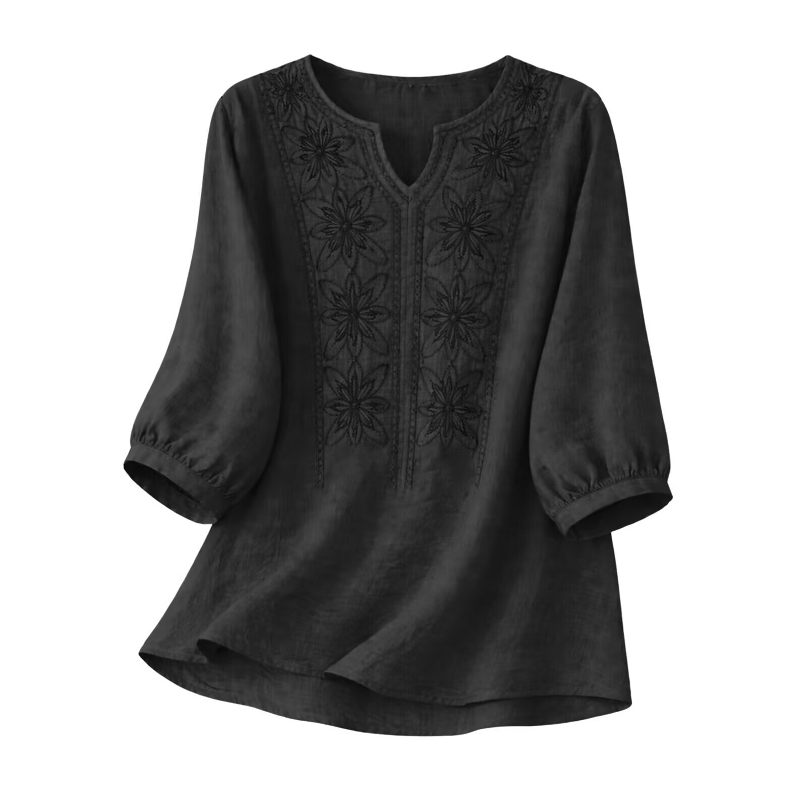 Women's Embroidered Linen Cotton Blouse, V-Neck Sleeve Casual Summer Top