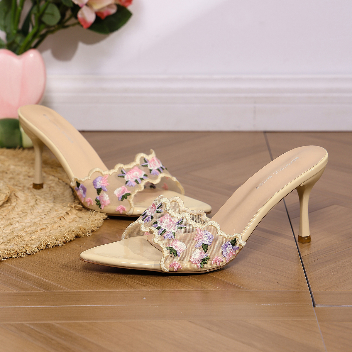 Mesh Embroidery Peep Toe Slide Sandals, picture 6 of 6