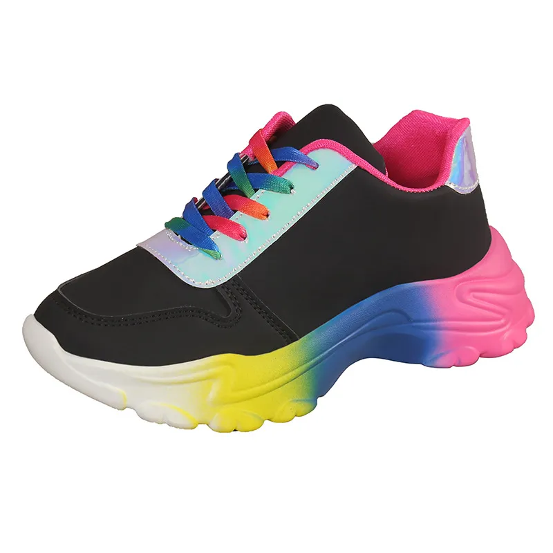 INS Style Rainbow Colour Sports Shoes For Women Thick Bottom Lace-up Sneakers Fashion Casual Lightweight Running Walking Shoes - Black
