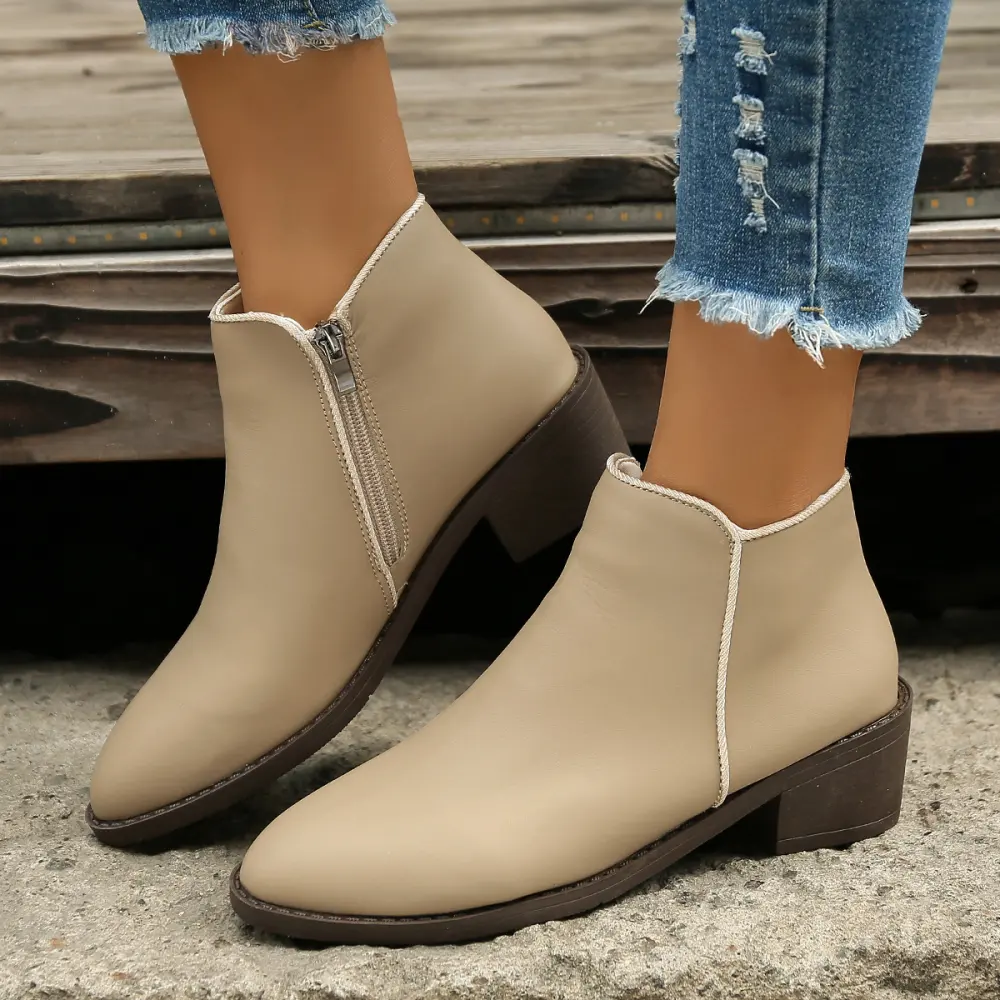 Ankle Boots Women Chunky Mid Heel Shoes Waterproof Side