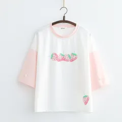Sweet College Style Cute Little Strawberry Print Top Girly Summer Short-sleeved T-shirt - White - View 1