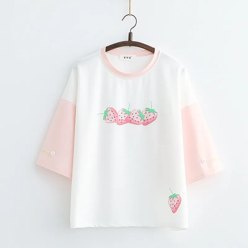 Sweet College Style Cute Little Strawberry Print Top Girly Summer Short-sleeved T-shirt - White