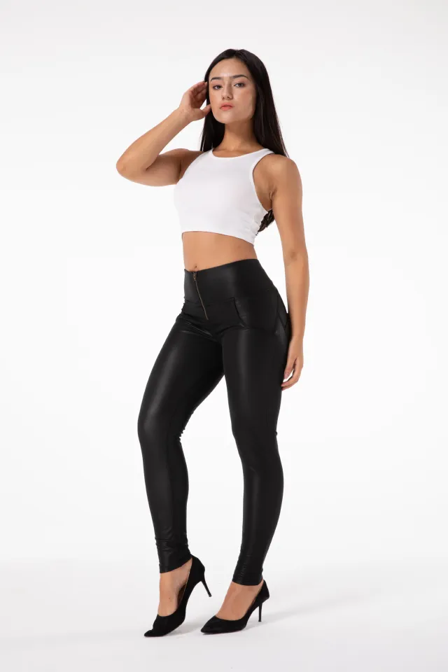 New European And American Sexy Yoga Clothes Peach Buttocks Pu Leather Pants Black - Shop at LoveMi