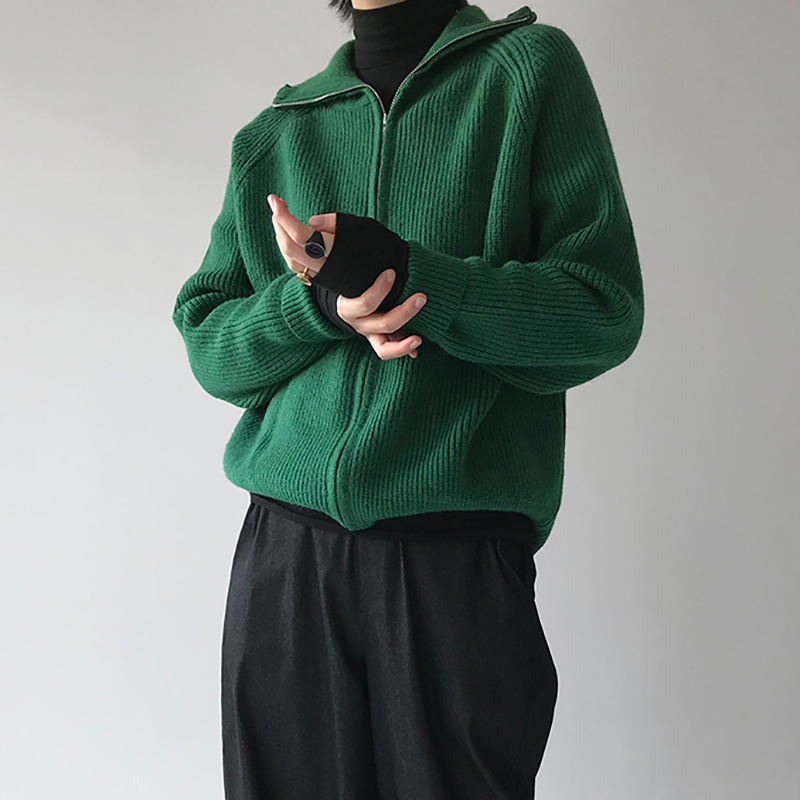 Women's French Dark Green Sweater Retro Coat