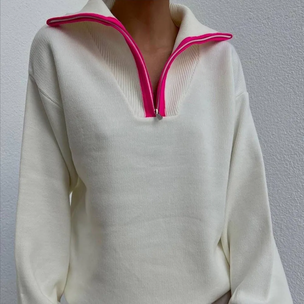 Women's Colour Block Turtleneck Polo Zip Sweater - White