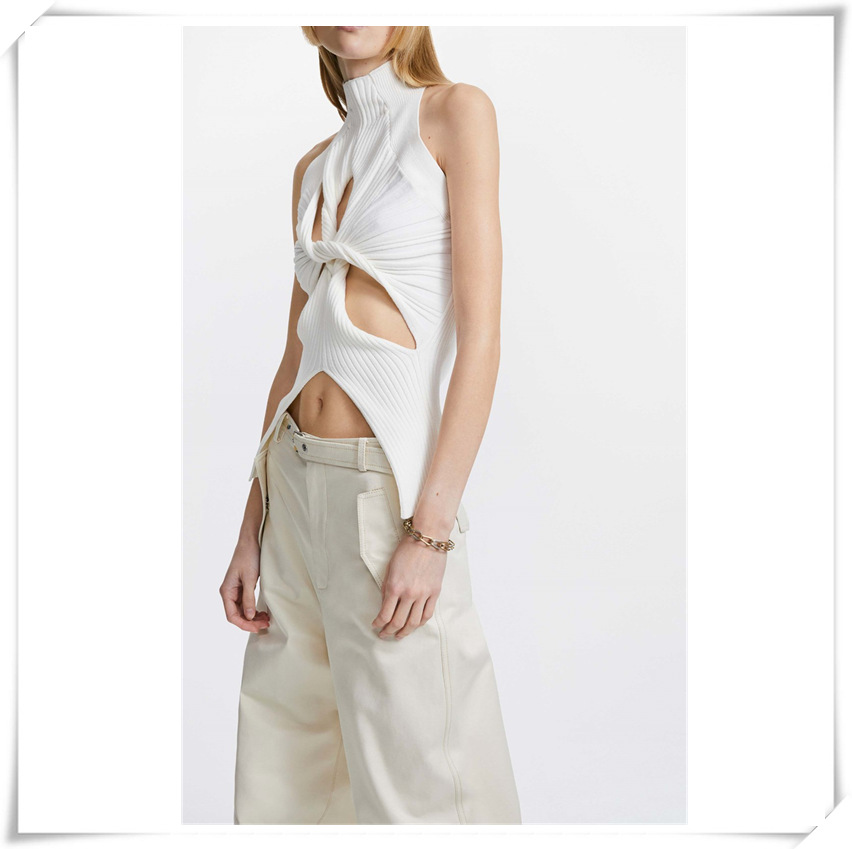 Ladies Irregular Hem Sleeveless Turtleneck Knit Tank Top