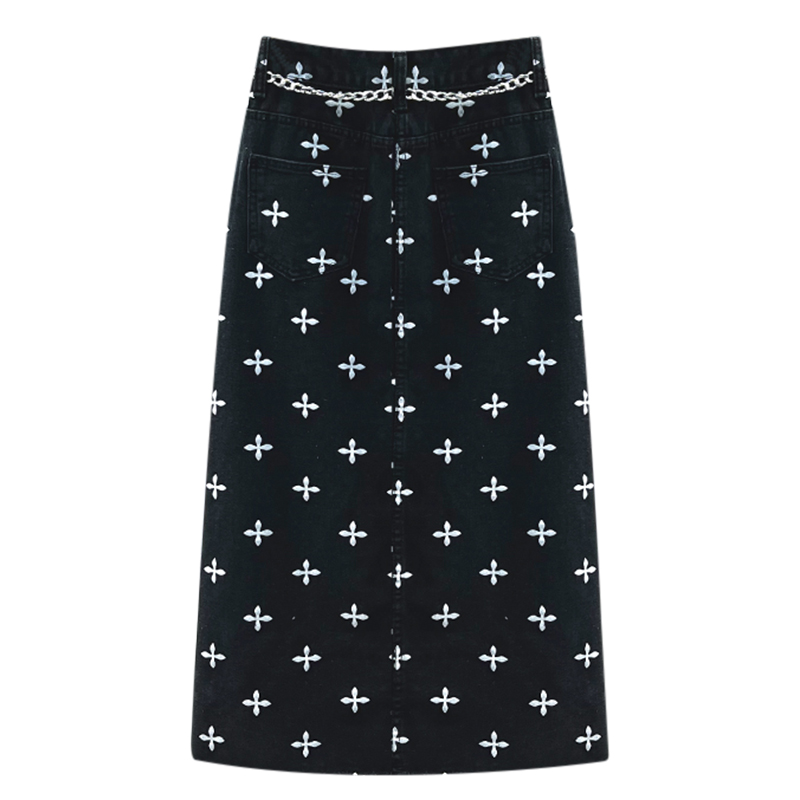 Women's Mid-length High Waist Slit Printed Denim Skirt